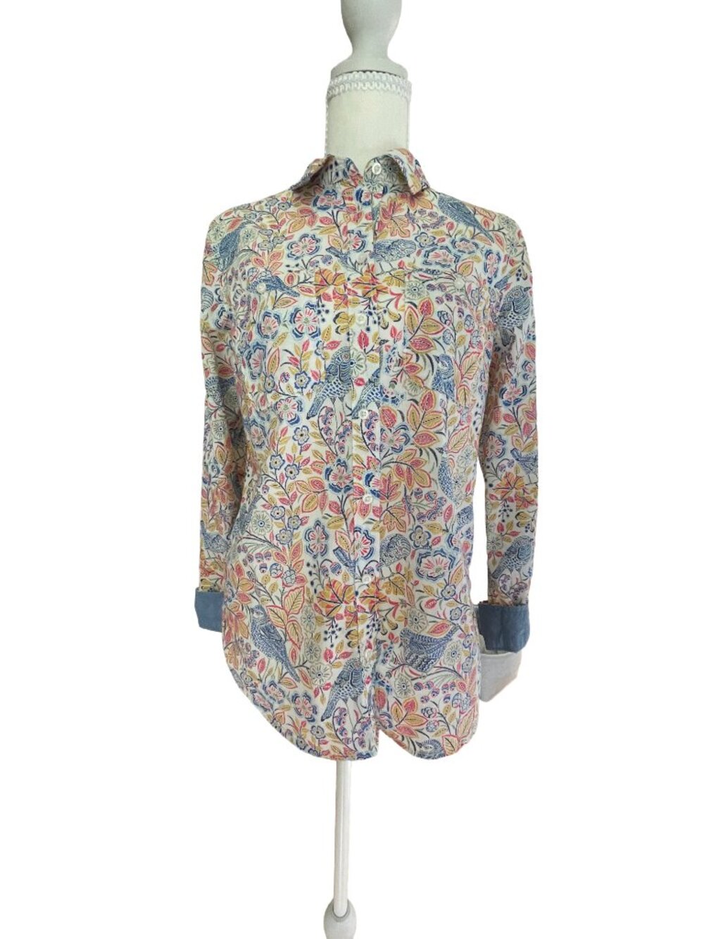 St. John's Bay Bird Floral 100% Cotton Button Front Shirt Small Cottagecore